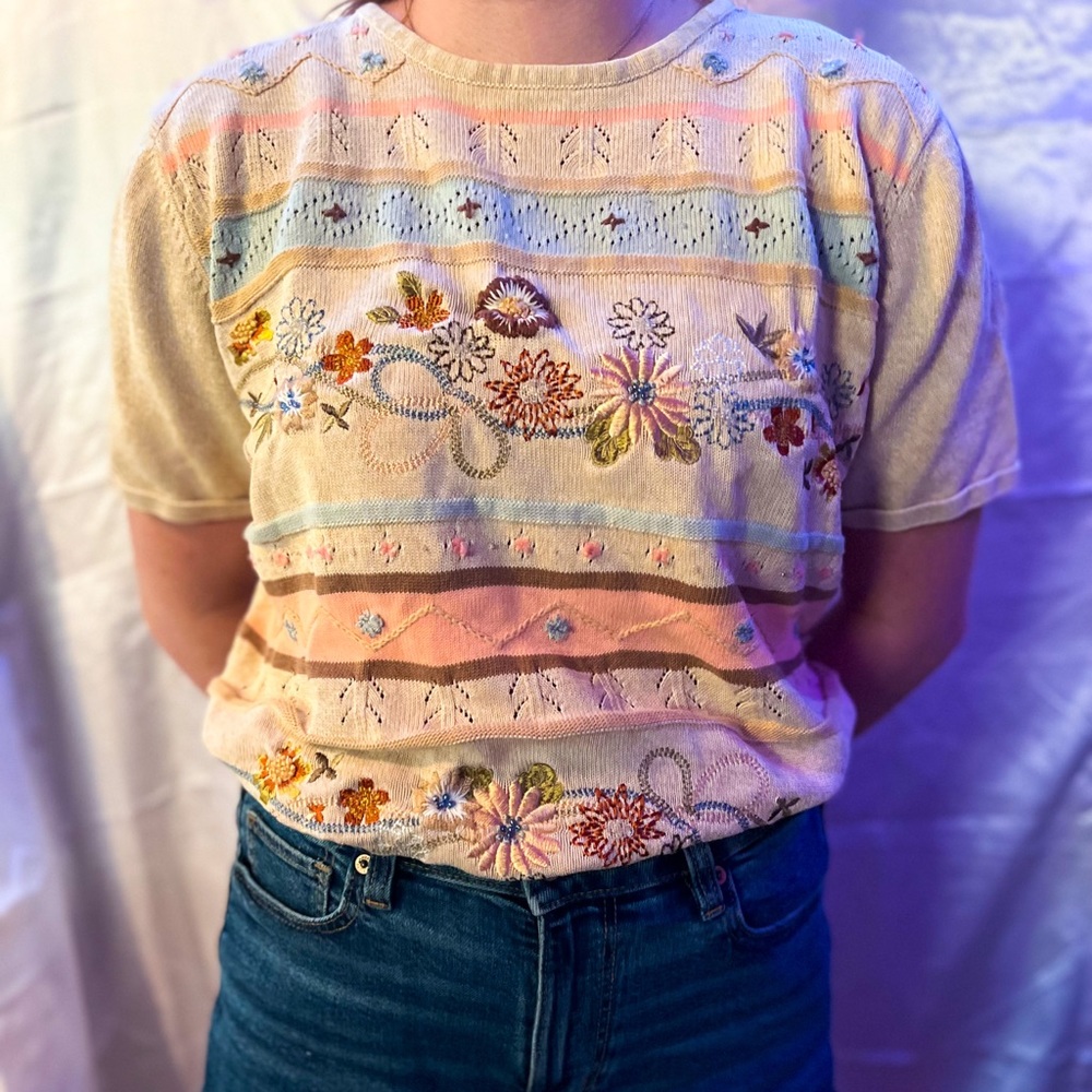 Sweater Material Alfred Dunner Short Sleeve Embroidered Top